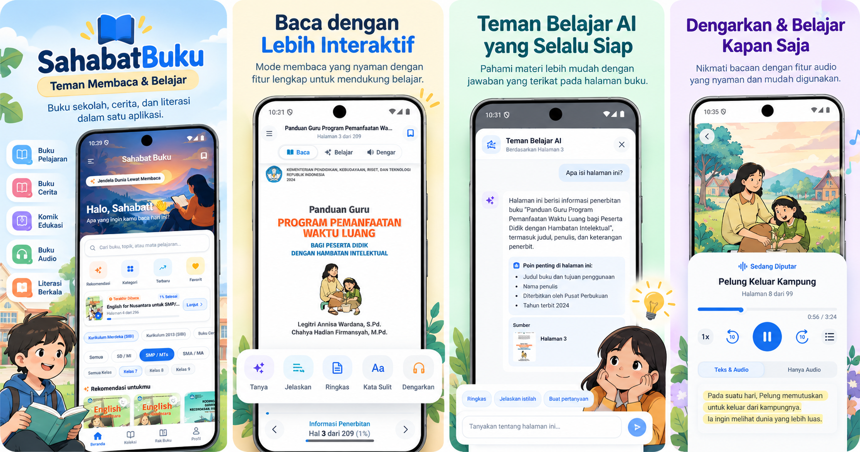 Ikhtisar Fitur Utama Sahabat Buku - Beranda, Reader Interaktif, AI Tutor, & Audiobook